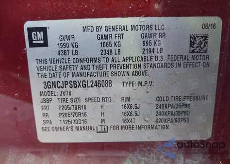 2016 Chevrolet Trax Lt z USA, uszkodzony, nr VIN 3GNCJPSBXGL246088